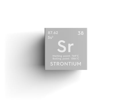 Strontium. Alkaline earth metals. Chemical Element of Mendeleev's Periodic Table. Strontium in square cube creative concept. 3D illustration.