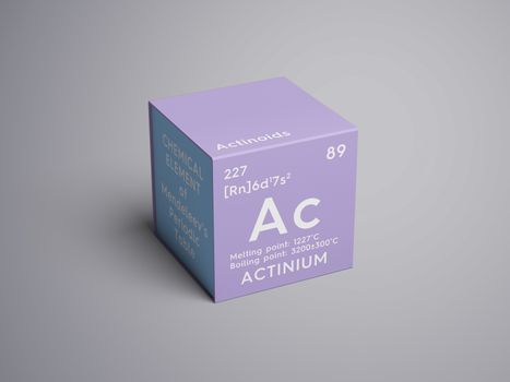 Actinium. Actinoids. Chemical Element of Mendeleev's Periodic Table. Actinium in square cube creative concept. 3D illustration.