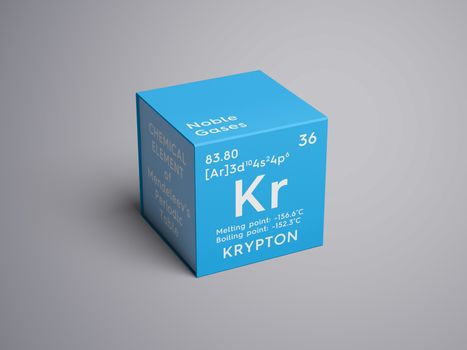 Krypton. Noble gases. Chemical Element of Mendeleev's Periodic Table. Krypton in square cube creative concept. 3D illustration.