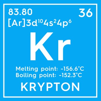 Krypton. Noble gases. Chemical Element of Mendeleev's Periodic Table. Krypton in square cube creative concept. 3D illustration.