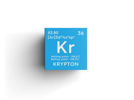 Krypton. Noble gases. Chemical Element of Mendeleev's Periodic Table. Krypton in square cube creative concept. 3D illustration.