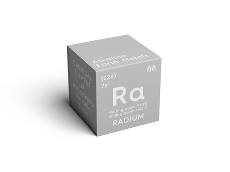 Radium. Alkaline earth metals. Chemical Element of Mendeleev's Periodic Table. Radium in square cube creative concept. 3D illustration.