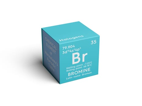 Bromine. Bromum. Halogens. Chemical Element of Mendeleev's Periodic Table. Bromine in square cube creative concept. 3D illustration.