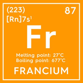Francium. Alkali metals. Chemical Element of Mendeleev's Periodic Table. Francium in square cube creative concept. 3D illustration.