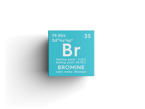 Bromine. Bromum. Halogens. Chemical Element of Mendeleev's Periodic Table. Bromine in square cube creative concept. 3D illustration.