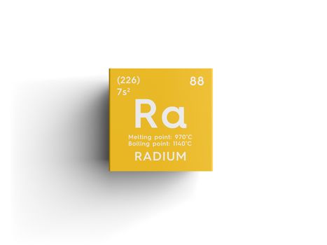 Radium. Alkaline earth metals. Chemical Element of Mendeleev's Periodic Table. Radium in square cube creative concept. 3D illustration.
