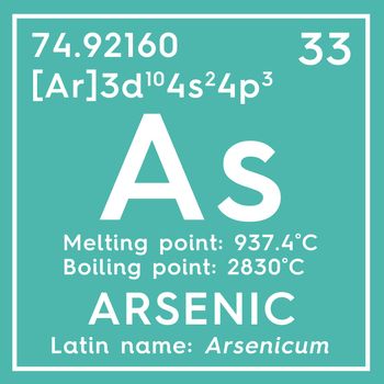 Arsenic. Arsenicum. Metalloids. Chemical Element of Mendeleev's Periodic Table. Arsenic in square cube creative concept. 3D illustration.