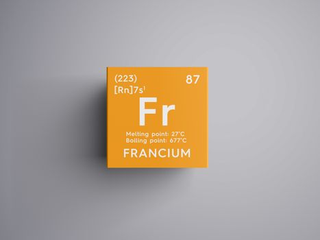 Francium. Alkali metals. Chemical Element of Mendeleev's Periodic Table. Francium in square cube creative concept. 3D illustration.