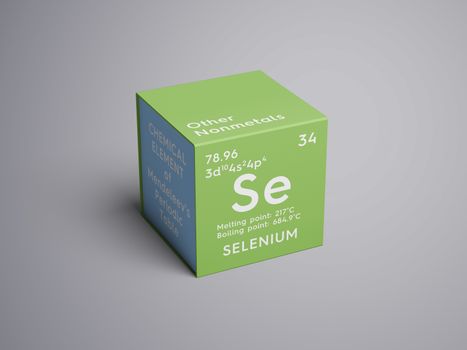 Selenium. Other Nonmetals. Chemical Element of Mendeleev's Periodic Table. Selenium in square cube creative concept. 3D illustration.