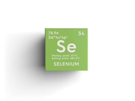 Selenium. Other Nonmetals. Chemical Element of Mendeleev's Periodic Table. Selenium in square cube creative concept. 3D illustration.