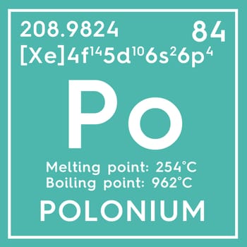 Polonium. Metalloids. Chemical Element of Mendeleev's Periodic Table. Polonium in square cube creative concept. 3D illustration.