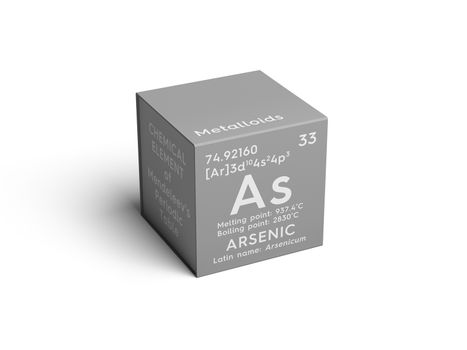 Arsenic. Arsenicum. Metalloids. Chemical Element of Mendeleev's Periodic Table. Arsenic in square cube creative concept. 3D illustration.