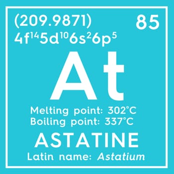 Astatine. Astatium. Halogens. Chemical Element of Mendeleev's Periodic Table. Astatine in square cube creative concept. 3D illustration.