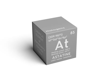 Astatine. Astatium. Halogens. Chemical Element of Mendeleev's Periodic Table. Astatine in square cube creative concept. 3D illustration.