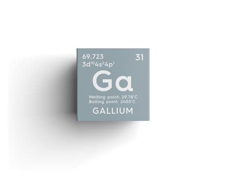 Gallium. Post-transition metals. Chemical Element of Mendeleev's Periodic Table. Gallium in square cube creative concept. 3D illustration.