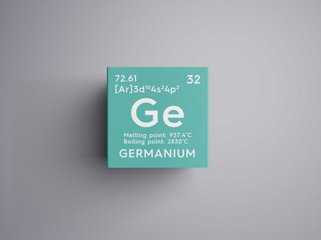 Germanium. Metalloids. Chemical Element of Mendeleev's Periodic Table. Germanium in square cube creative concept. 3D illustration.