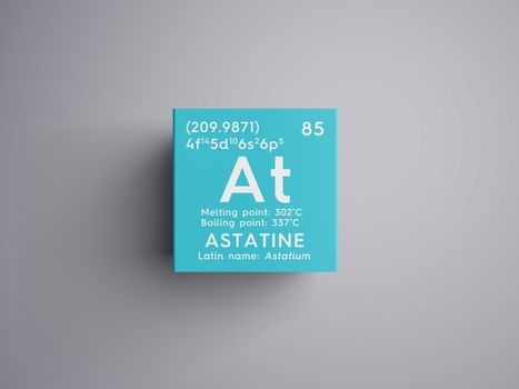 Astatine. Astatium. Halogens. Chemical Element of Mendeleev's Periodic Table. Astatine in square cube creative concept. 3D illustration.