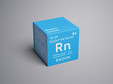 Radon. Noble gases. Chemical Element of Mendeleev's Periodic Table. Radon in square cube creative concept. 3D illustration.