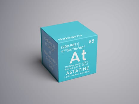 Astatine. Astatium. Halogens. Chemical Element of Mendeleev's Periodic Table. Astatine in square cube creative concept. 3D illustration.