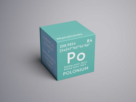 Polonium. Metalloids. Chemical Element of Mendeleev's Periodic Table. Polonium in square cube creative concept. 3D illustration.