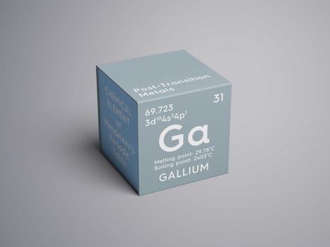 Gallium. Post-transition metals. Chemical Element of Mendeleev's Periodic Table. Gallium in square cube creative concept. 3D illustration.