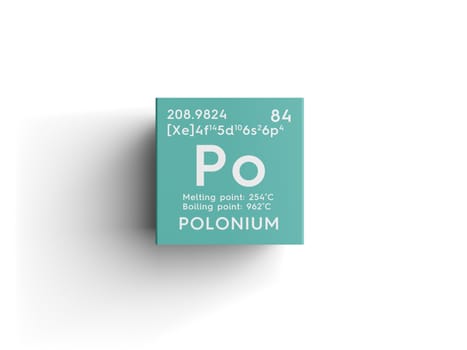 Polonium. Metalloids. Chemical Element of Mendeleev's Periodic Table. Polonium in square cube creative concept. 3D illustration.