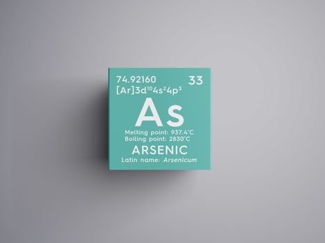 Arsenic. Arsenicum. Metalloids. Chemical Element of Mendeleev's Periodic Table. Arsenic in square cube creative concept. 3D illustration.