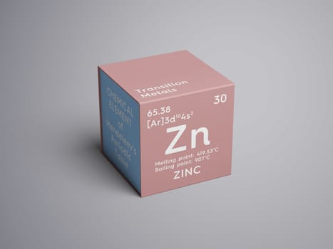 Zinc. Transition metals. Chemical Element of Mendeleev's Periodic Table. Zinc in square cube creative concept. 3D illustration.