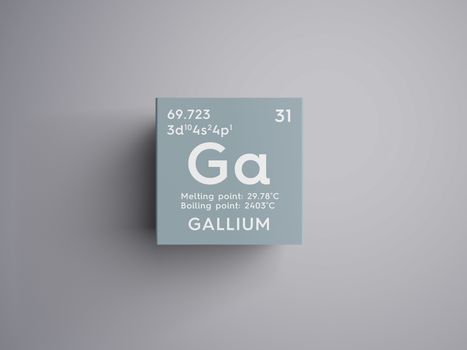 Gallium. Post-transition metals. Chemical Element of Mendeleev's Periodic Table. Gallium in square cube creative concept. 3D illustration.