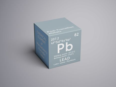 Lead. Plumbum. Post-transition metals. Chemical Element of Mendeleev's Periodic Table. Lead in square cube creative concept. 3D illustration.