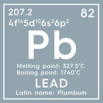 Lead. Plumbum. Post-transition metals. Chemical Element of Mendeleev's Periodic Table. Lead in square cube creative concept. 3D illustration.