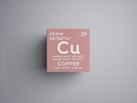 Copper. Cuprum. Transition metals. Chemical Element of Mendeleev's Periodic Table. Copper in square cube creative concept. 3D illustration.