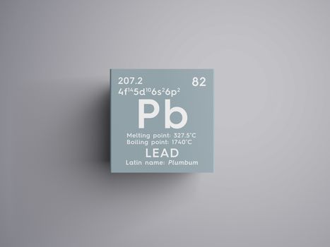 Lead. Plumbum. Post-transition metals. Chemical Element of Mendeleev's Periodic Table. Lead in square cube creative concept. 3D illustration.