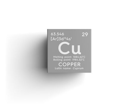 Copper. Cuprum. Transition metals. Chemical Element of Mendeleev's Periodic Table. Copper in square cube creative concept. 3D illustration.