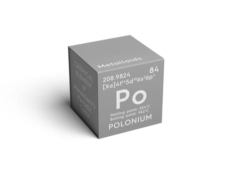 Polonium. Metalloids. Chemical Element of Mendeleev's Periodic Table. Polonium in square cube creative concept. 3D illustration.