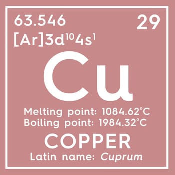 Copper. Cuprum. Transition metals. Chemical Element of Mendeleev's Periodic Table. Copper in square cube creative concept. 3D illustration.