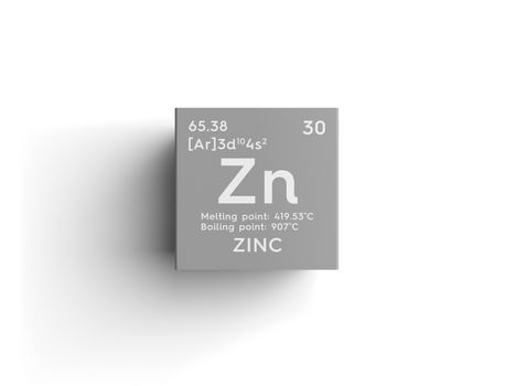 Zinc. Transition metals. Chemical Element of Mendeleev's Periodic Table. Zinc in square cube creative concept. 3D illustration.