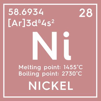 Nickel. Transition metals. Chemical Element of Mendeleev's Periodic Table. Nickel in square cube creative concept. 3D illustration.