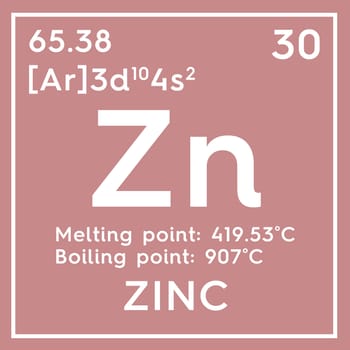 Zinc. Transition metals. Chemical Element of Mendeleev's Periodic Table. Zinc in square cube creative concept. 3D illustration.