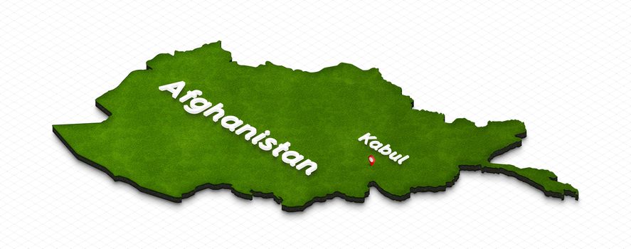 Illustration of a green ground map of Afghanistan on grid background. Left 3D isometric perspective projection with the name of country and capital Kabul.