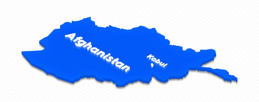 Illustration of a blue ground map of Afghanistan on grid background. Left 3D isometric perspective projection with the lighting name of country and capital Kabul.