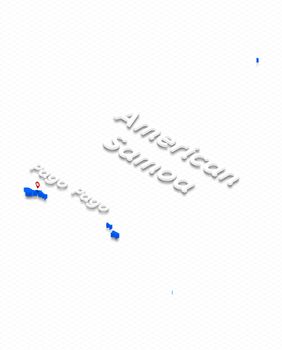 Illustration of a blue ground map of American Samoa on grid background. Left 3D isometric perspective projection with the name of country and capital Pago Pago.
