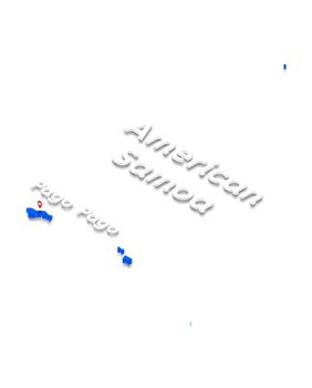 Illustration of a blue ground map of American Samoa on white isolated background. Left 3D isometric perspective projection with the name of country and capital Pago Pago.