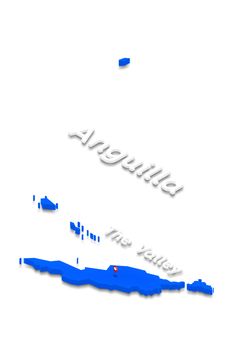 Illustration of a blue ground map of Anguilla on white isolated background. Left 3D isometric perspective projection with the name of country and capital The Valley