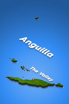 Illustration of a green ground map of Anguilla on water background. Left 3D isometric perspective projection with the name of country and capital The Valley