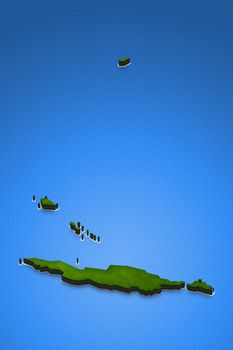 Illustration of a green ground map of Anguilla on water background. Left 3D isometric perspective projection.