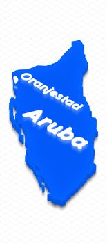 Illustration of a blue ground map of Aruba on grid background. Left 3D isometric perspective projection with the lighting name of country and capital Oranjestad.