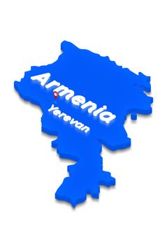 Illustration of a blue ground map of Armenia on white isolated background. Left 3D isometric perspective projection with the lighting name of country and capital Yerevan.