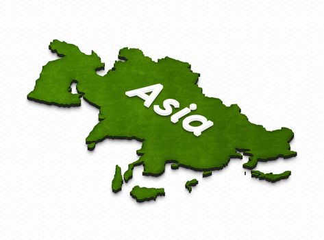 Illustration of a green ground map of Asia on grid background. Left 3D isometric projection with the name of continent.
