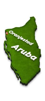 Illustration of a green ground map of Aruba on white isolated background. Left 3D isometric perspective projection with the name of country and capital Oranjestad.